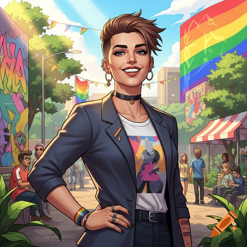 Vibrant cartoon illustration of a confident masc lesbian with short hair, smiling in a city street decorated with rainbow Pride flags.