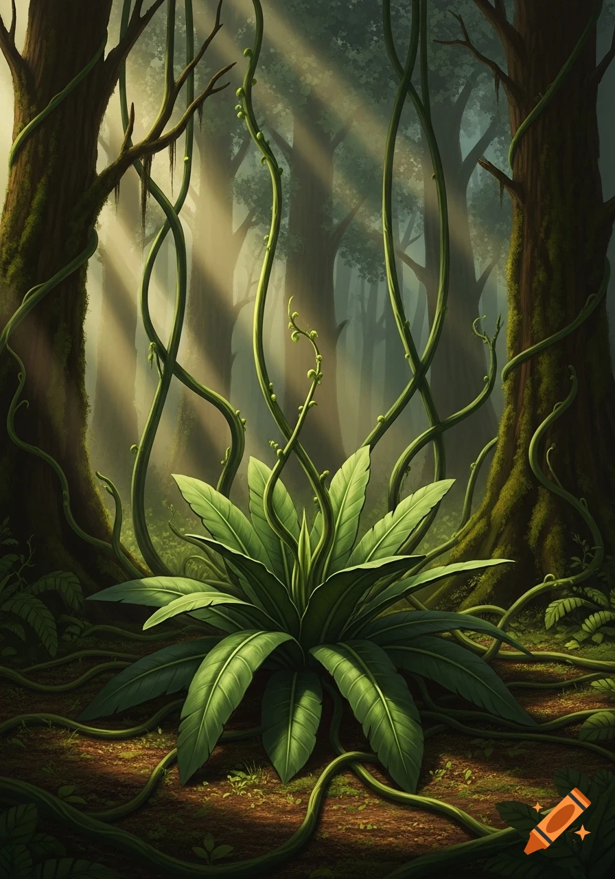 Lush forest floor with a large, broad-leafed plant and intertwining green vines. Sunbeams filter through misty background trees.
