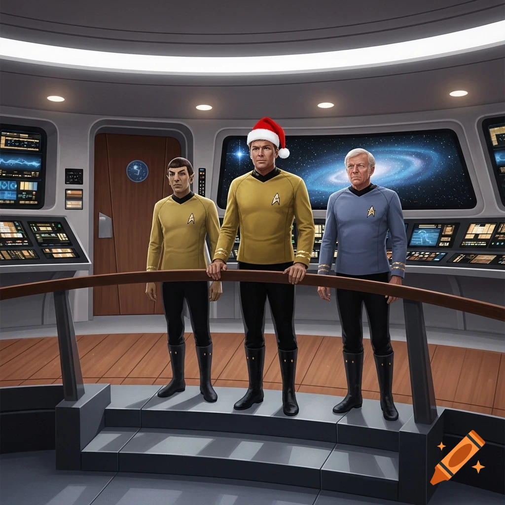 An illustration of Captain Kirk in a Santa hat, Spock, and Doctor McCoy on the Enterprise bridge with a galaxy in the background.