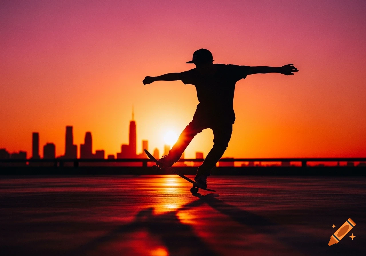 Silhouette of a skateboarder in a baseball cap against a vibrant orange and pink sunset with a city skyline in the background.