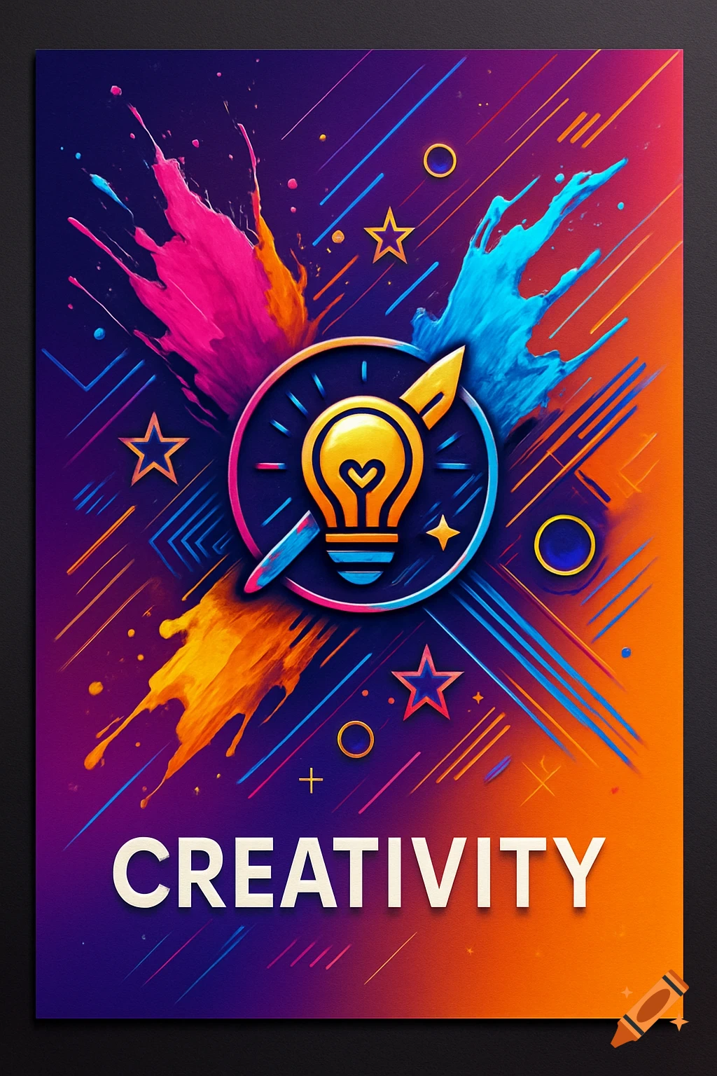 Vibrant abstract poster with a lightbulb icon, colorful paint splatters, lines, and the word 'CREATIVITY' at the bottom.