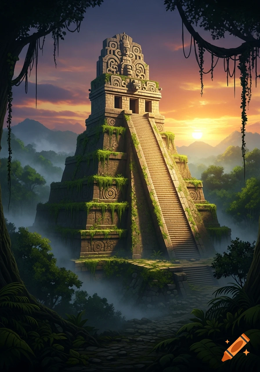 A grand ancient Mayan-style stone pyramid rises through a misty jungle at sunset, adorned with carvings and overgrown with vines.