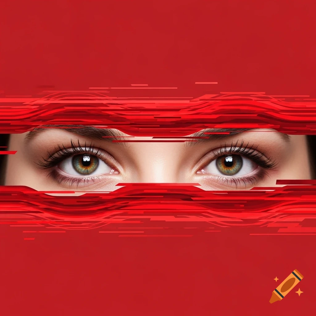 A close-up of realistic human eyes with green and brown irises, partially obscured by horizontal red glitch distortion effects.