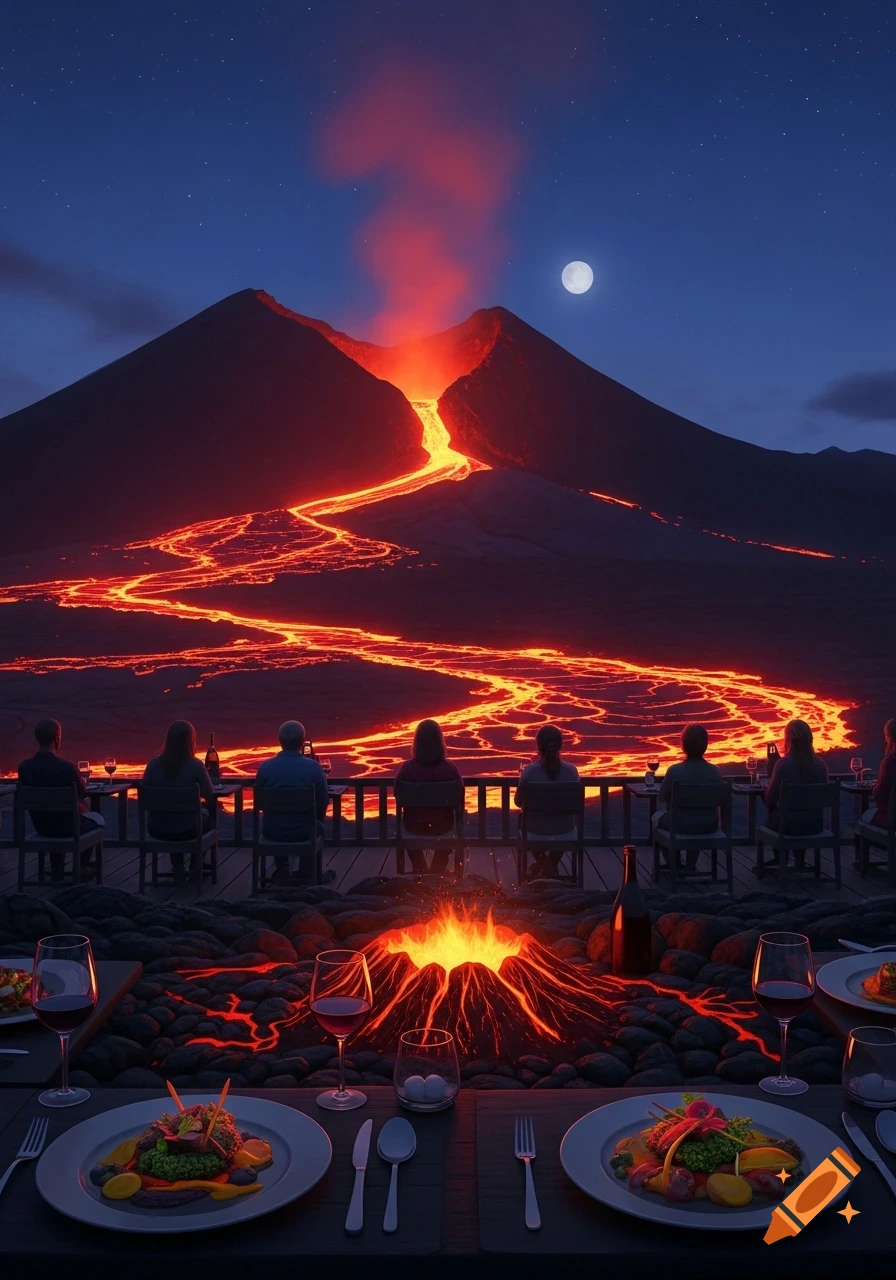 People dine at an outdoor restaurant at night, overlooking a large erupting volcano with flowing lava under a full moon.