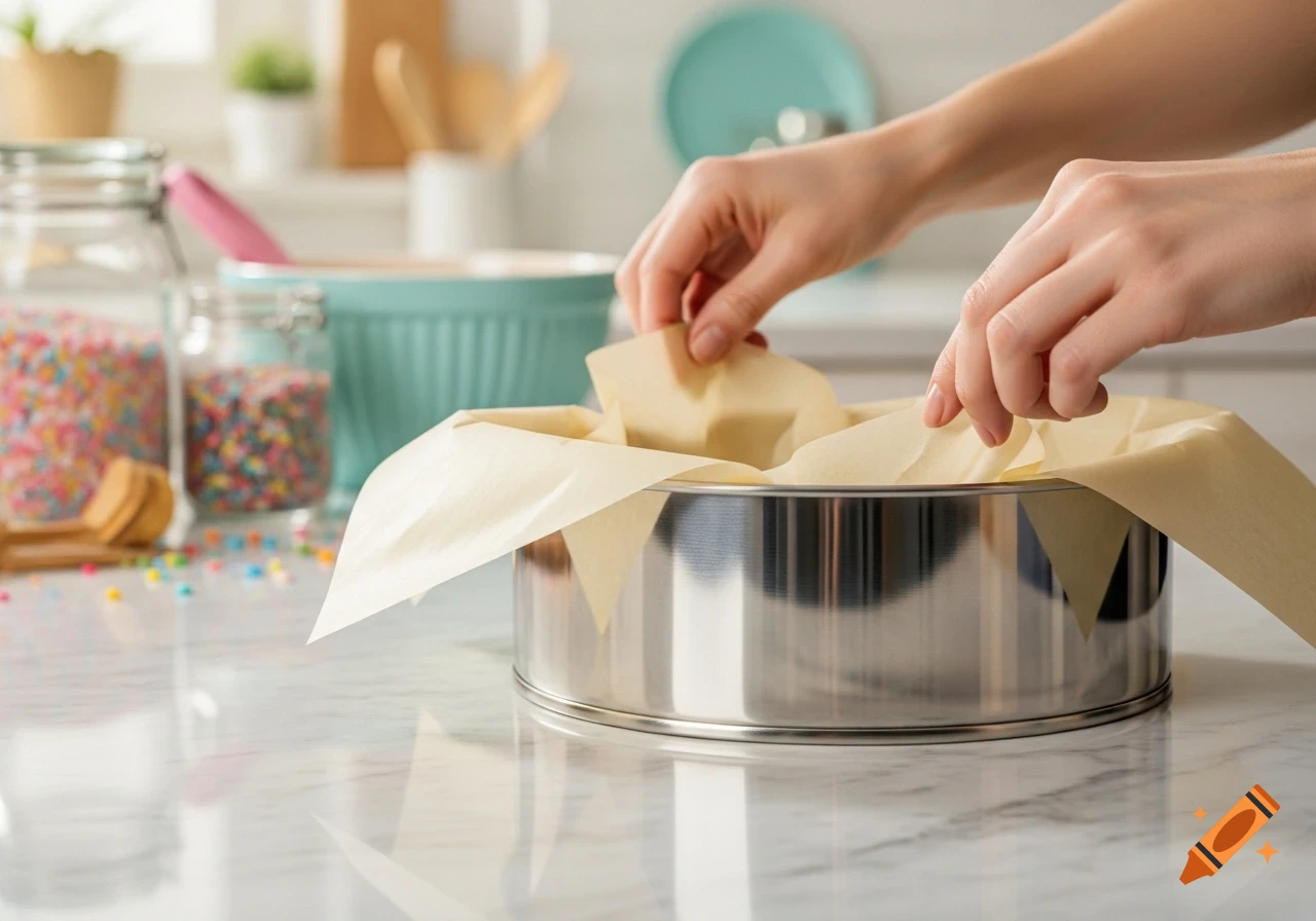 Close-up of hands lining a silver baking tin with parchment paper on a marble counter, with jars of colorful sprinkles in the background.