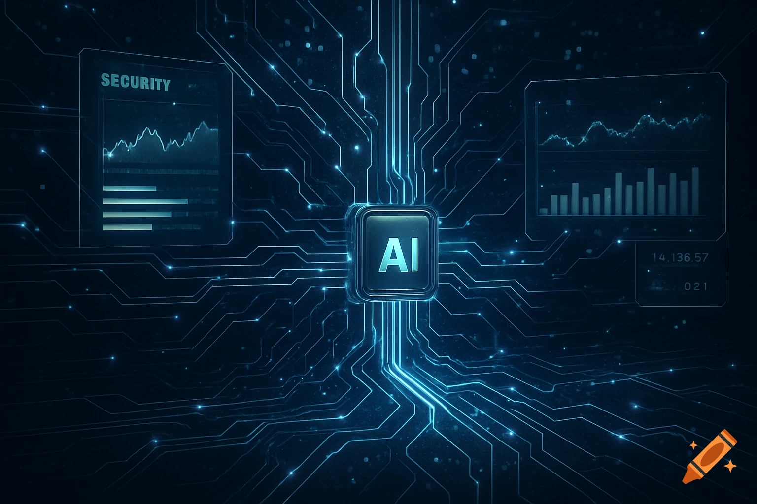 Glowing blue circuit board with a central AI chip and digital displays showing security data.