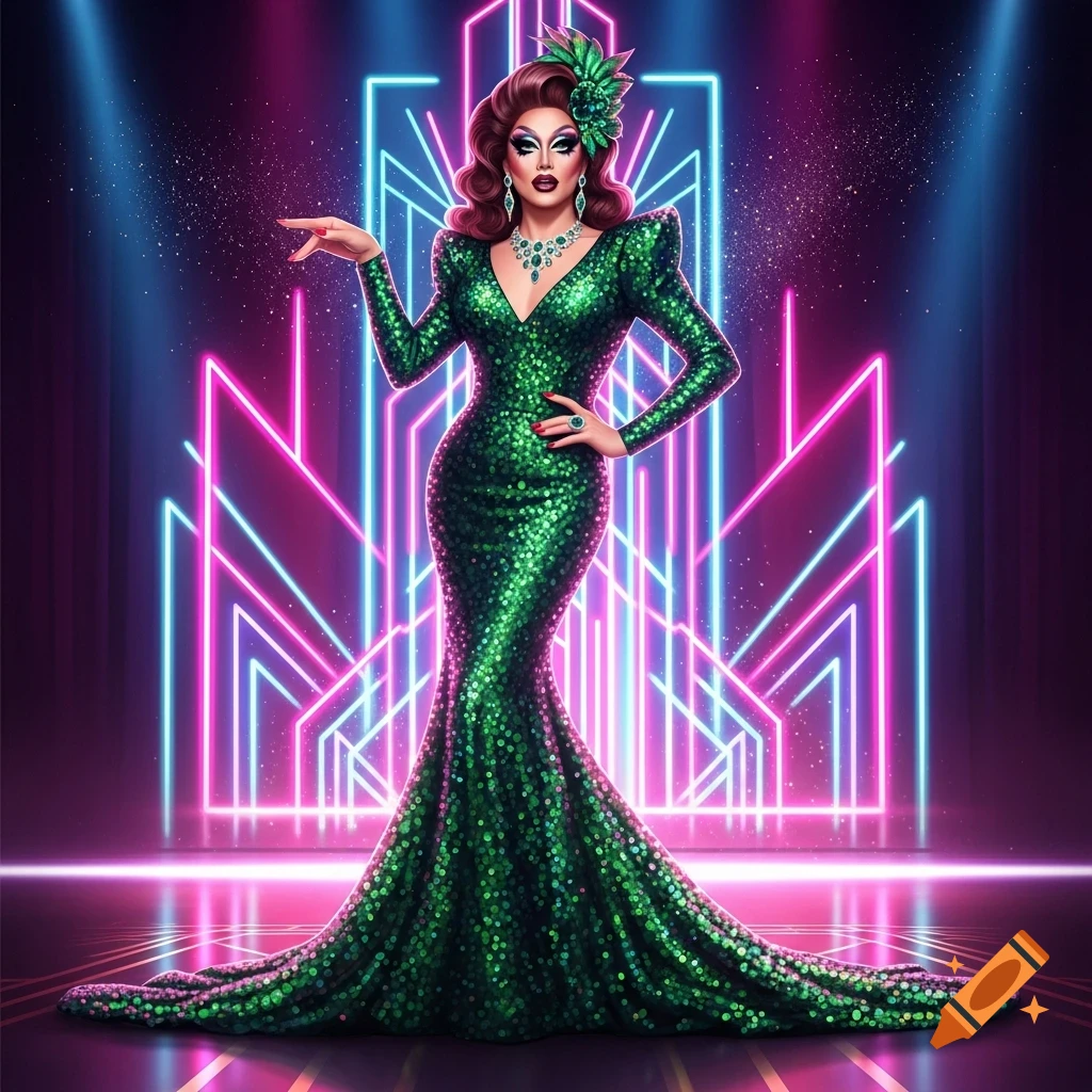 A glamorous drag queen in a sparkling green sequin gown poses against a vibrant neon art deco background with spotlights.