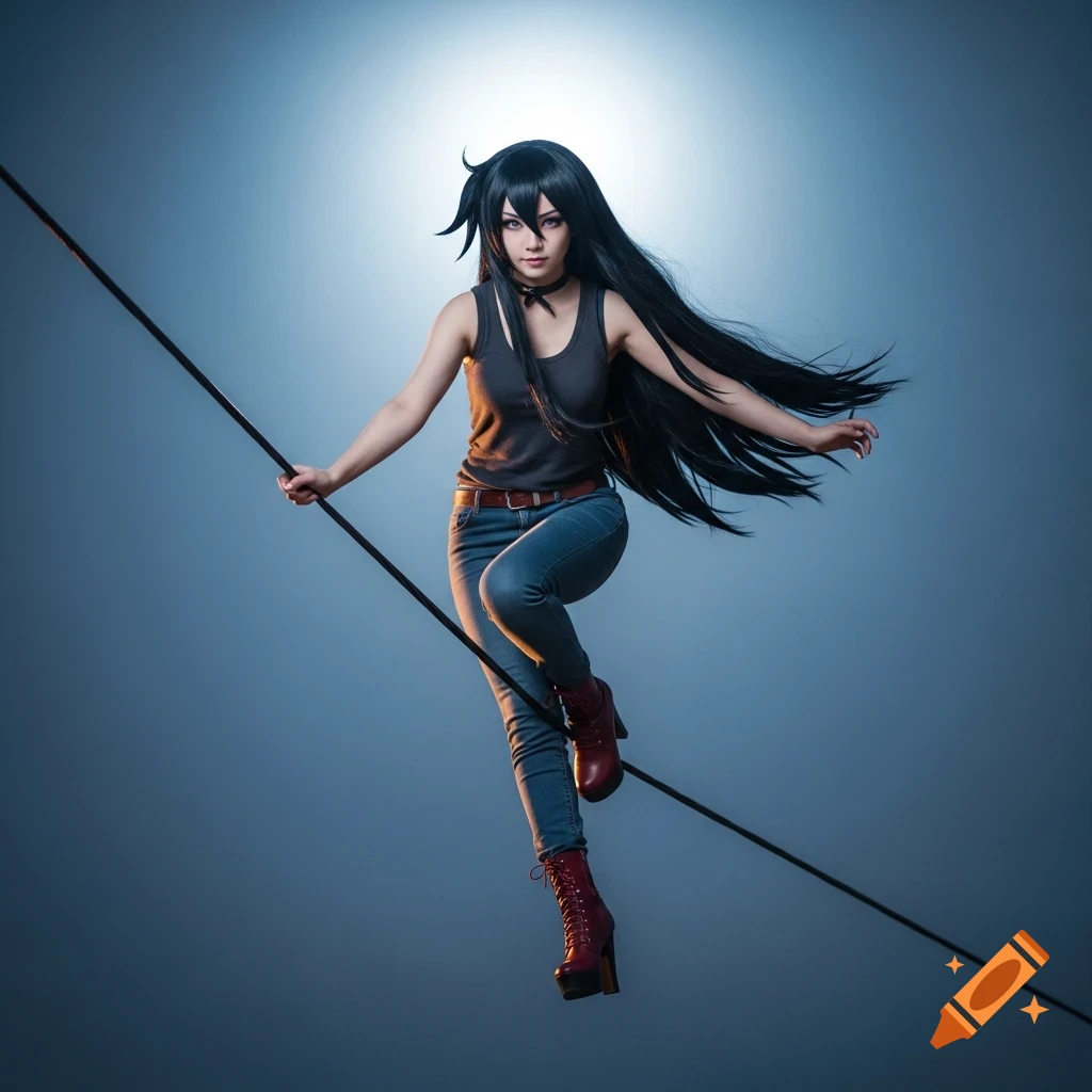 A young woman with long black hair, wearing a dark tank top, jeans, and maroon boots, balances on a wire against a blue background.