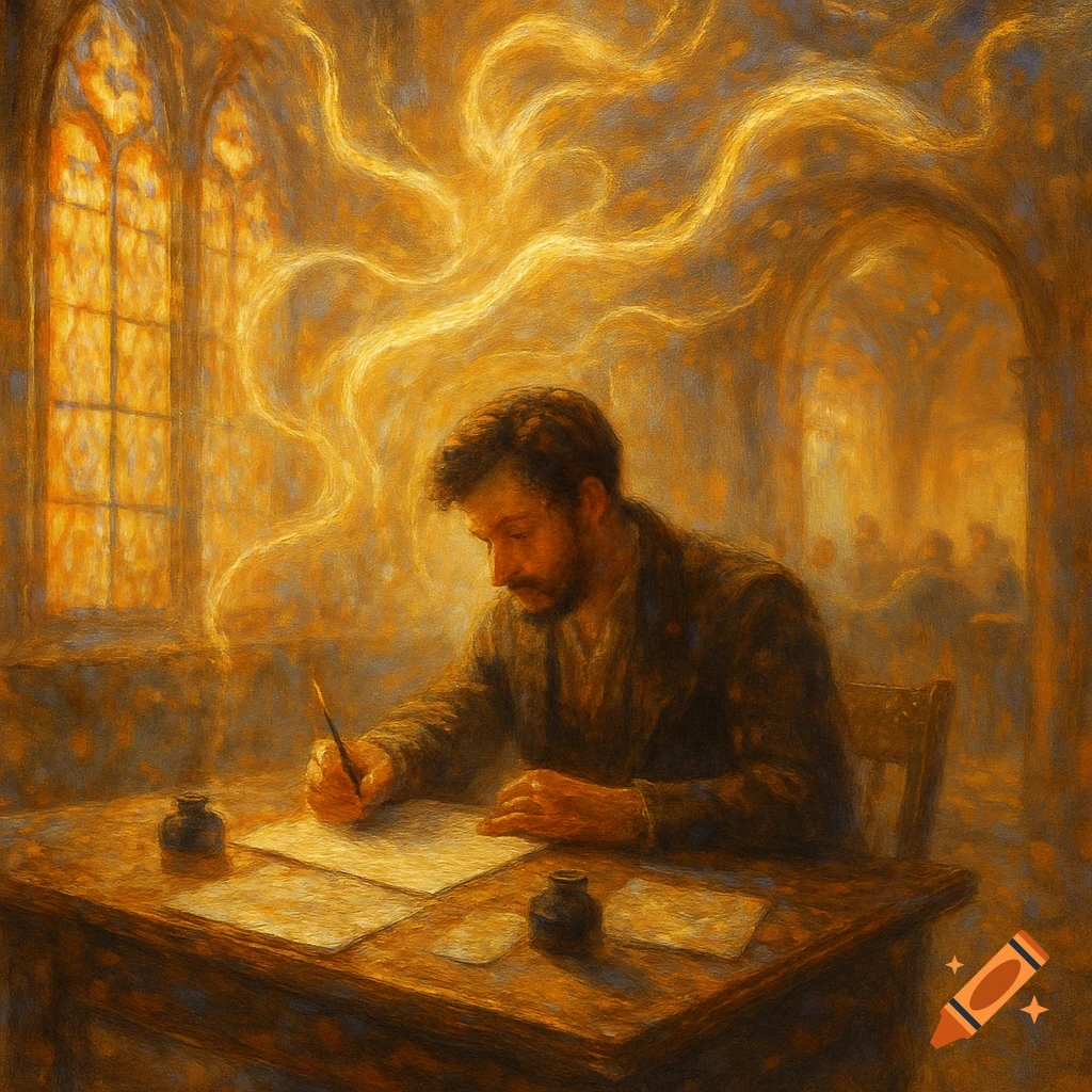 A man with a beard sits at a wooden desk, writing with a quill on paper, surrounded by warm, glowing, impressionistic light in an arched room.