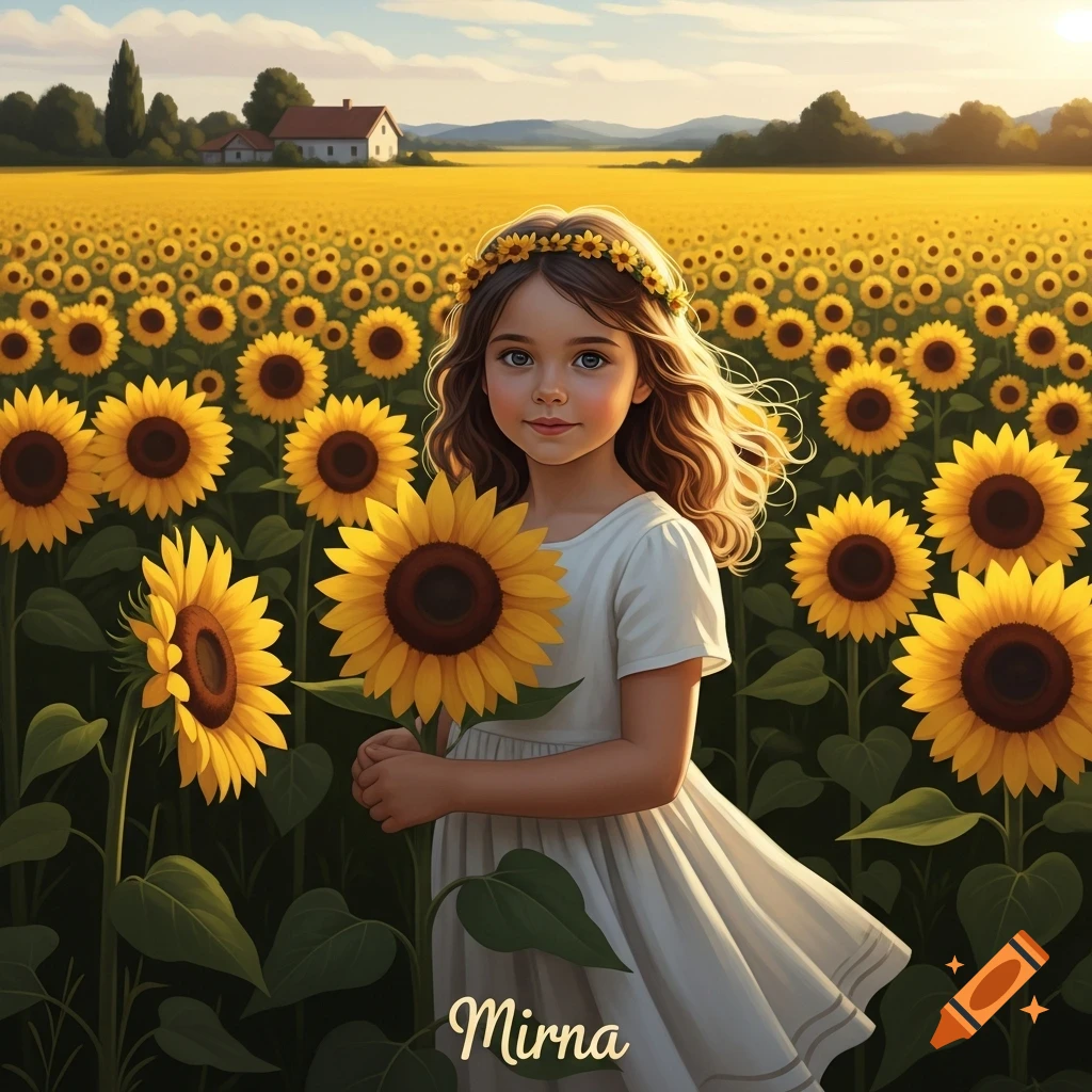 A smiling young girl in a white dress stands in a vibrant field of sunflowers, holding one. She wears a sunflower crown, and a farmhouse is in the distant background under a bright sky, in a digital art style. The name Mirna is written at the bottom of the image.