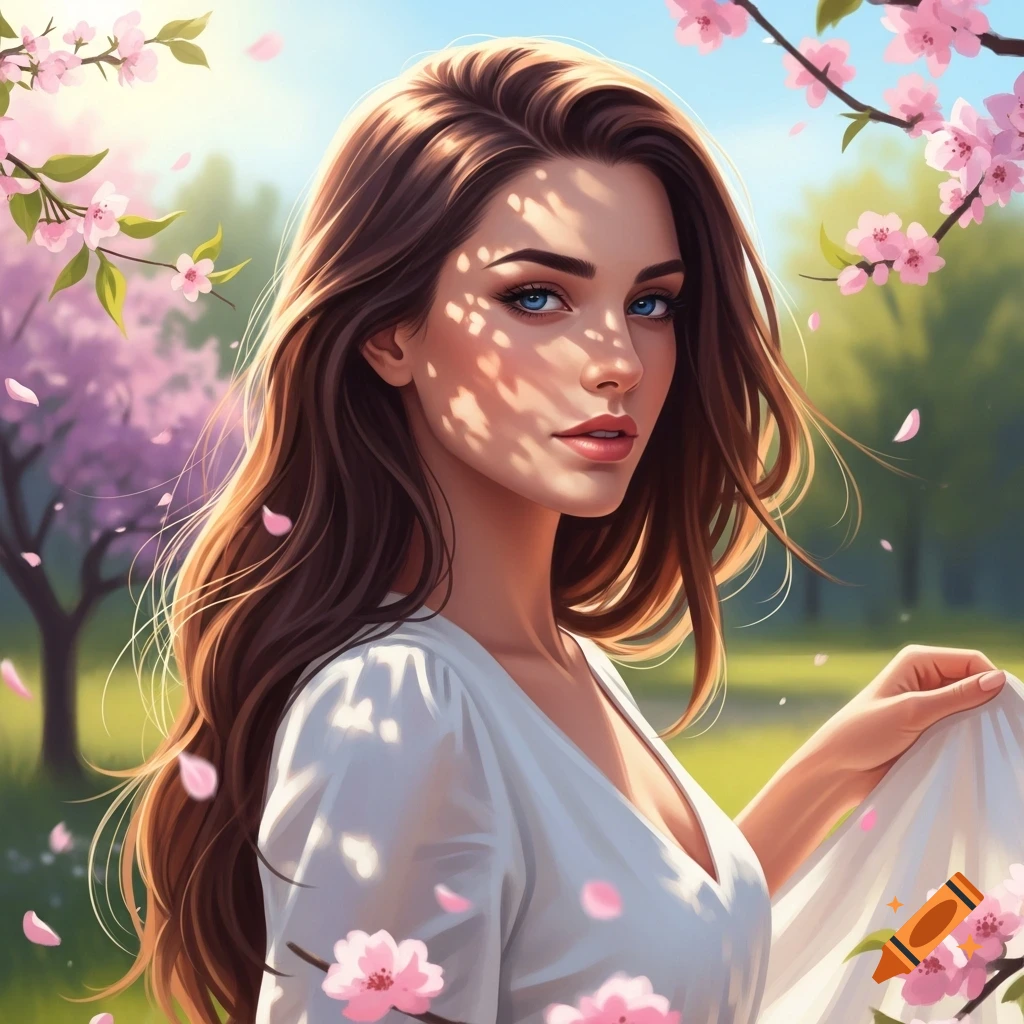 A beautiful young woman with long brown hair and blue eyes stands amidst pink cherry blossoms in a sunny park. Digital art.