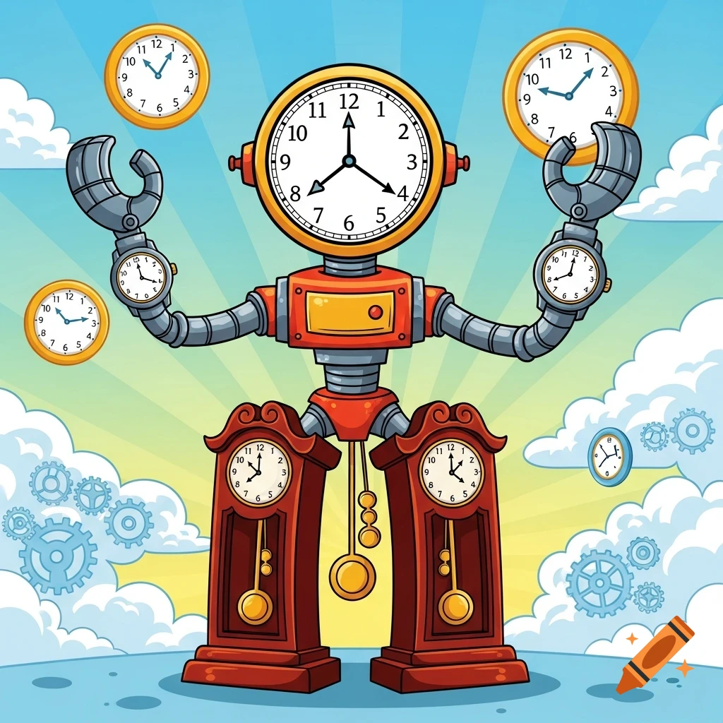 A vibrant cartoon robot with a clock face for a head, watches for hands, and two grandfather clocks for legs, standing amidst clouds and gears.