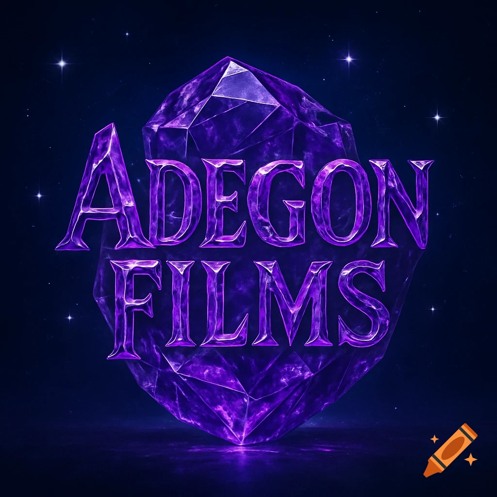 A shimmering purple crystal emblem with 'ADEGON FILMS' inscribed, set against a dark, starry background.