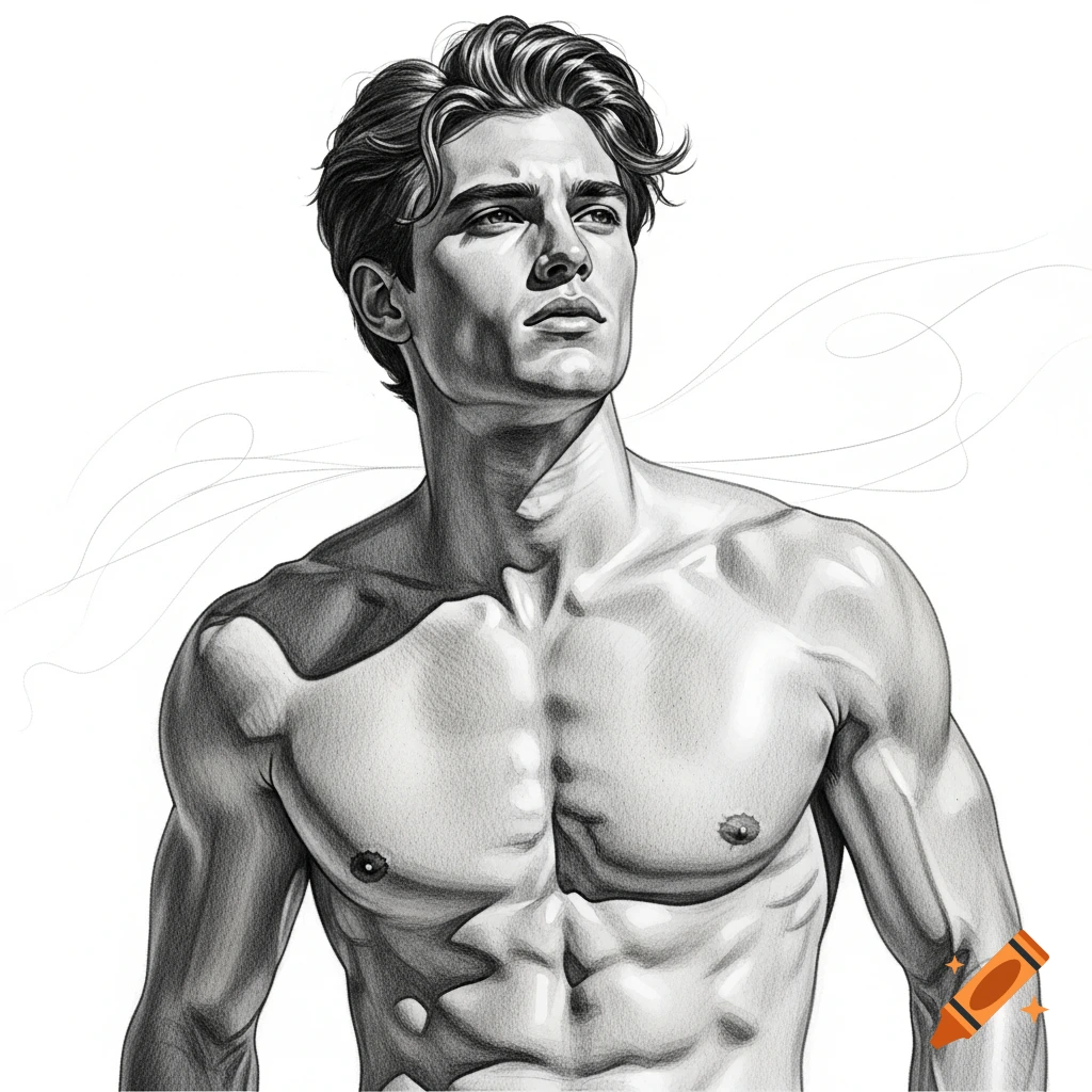 Pencil drawing of a muscular young man looking upwards, shirtless against a white background.