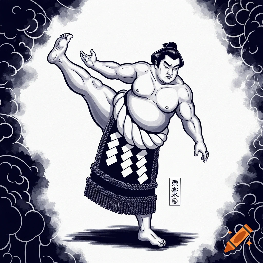 Stylized illustration of a sumo wrestler lifting one leg, depicted in black and white with strong outlines and cloud motifs.