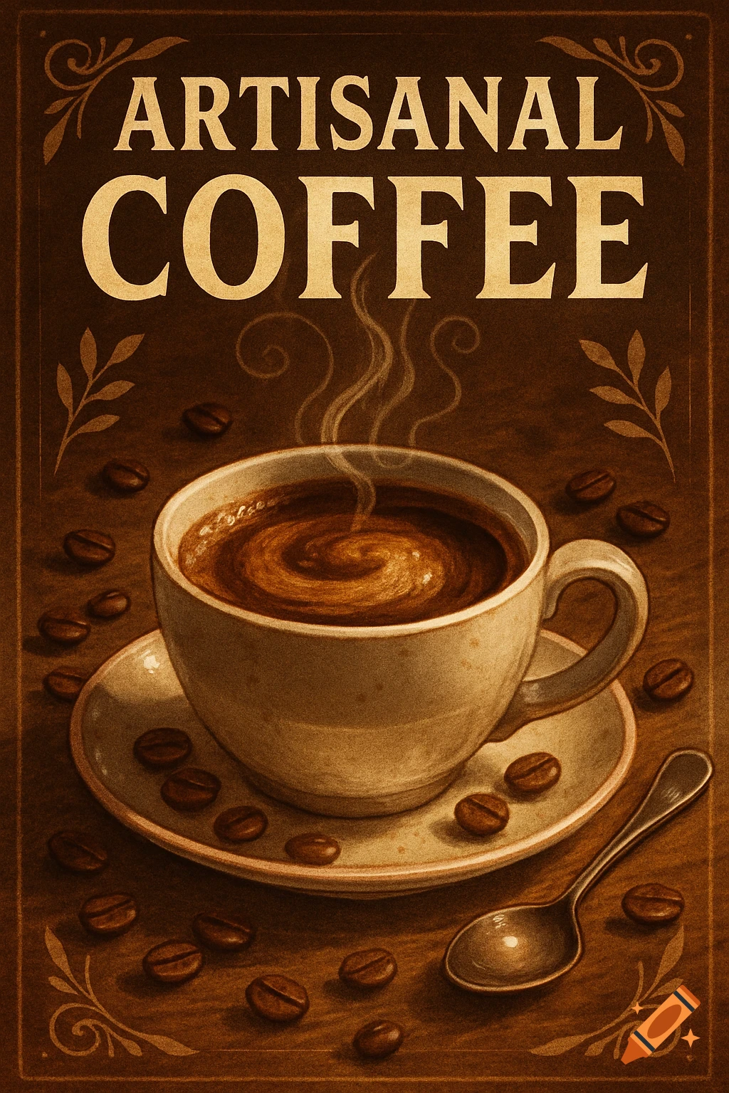 Vintage illustration of a steaming coffee cup surrounded by beans and a spoon, with 'ARTISANAL COFFEE' text on a brown background.