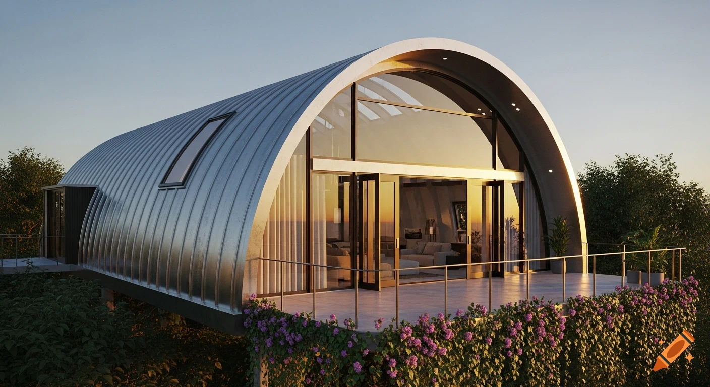 A modern, arched Quonset house with metallic siding, large glass windows, and an elevated balcony adorned with purple flowers at sunset.