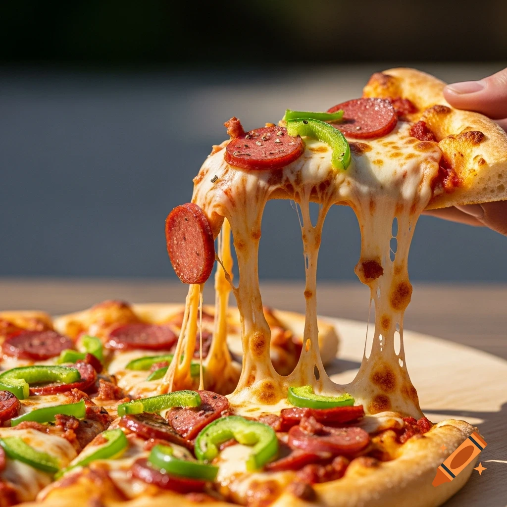 Photorealistic close-up of a pizza slice being lifted, with melted cheese stretching, pepperoni, and green bell peppers.