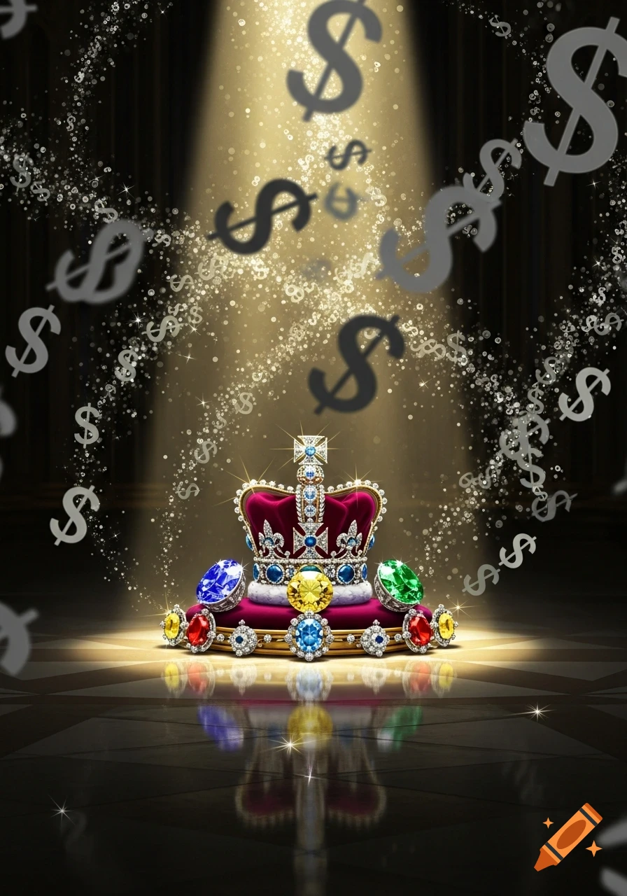 A majestic red and gold crown adorned with colorful jewels sits on a reflective surface under a spotlight, with dollar signs falling around it.