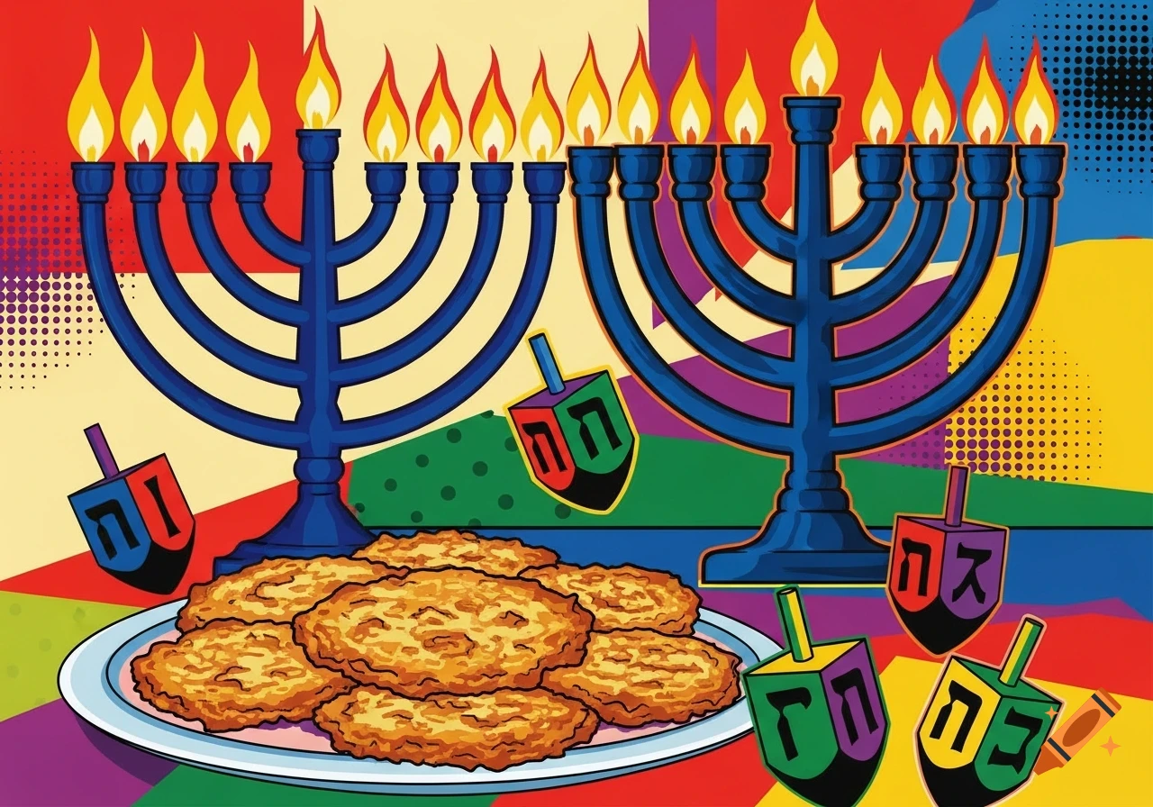 An Andy Warhol-style pop art illustration of a Hanukkah celebration, featuring two blue menorahs with lit candles, a plate of latkes, and multiple colorful dreidels against a vibrant, geometric background with halftone patterns.