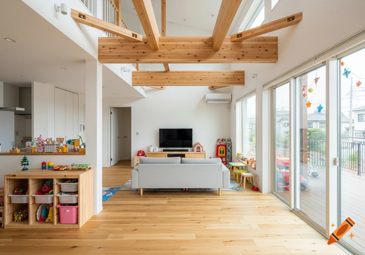 Spacious Scandinavian living room with exposed wood beams, light wood floors, white walls, a gray sofa, and a colorful children's play area.
