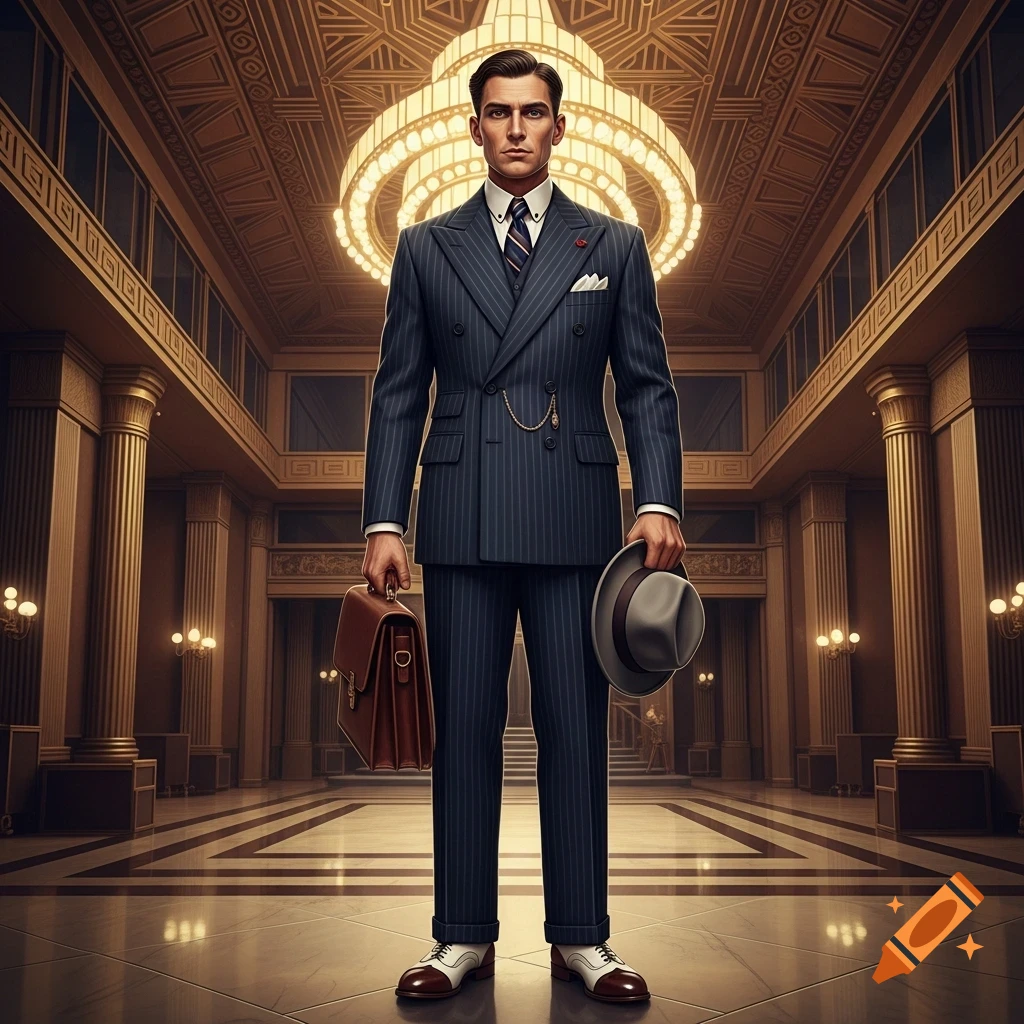 A man in a pinstripe suit, holding a fedora and briefcase, stands in a grand Art Deco hall, photorealistic style.
