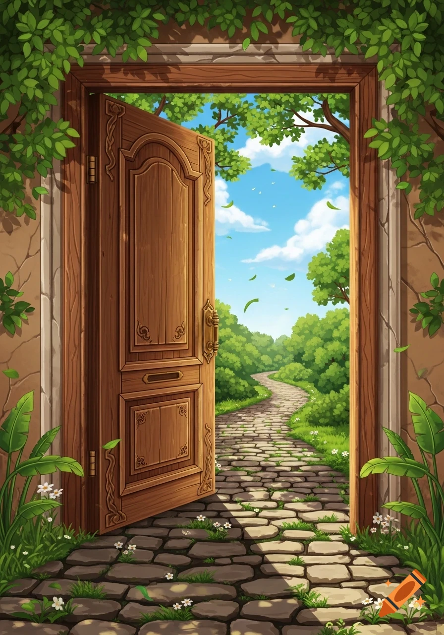 An ornate wooden door stands open, revealing a sunlit stone path winding into a lush green forest under a bright blue sky with clouds and falling leaves.