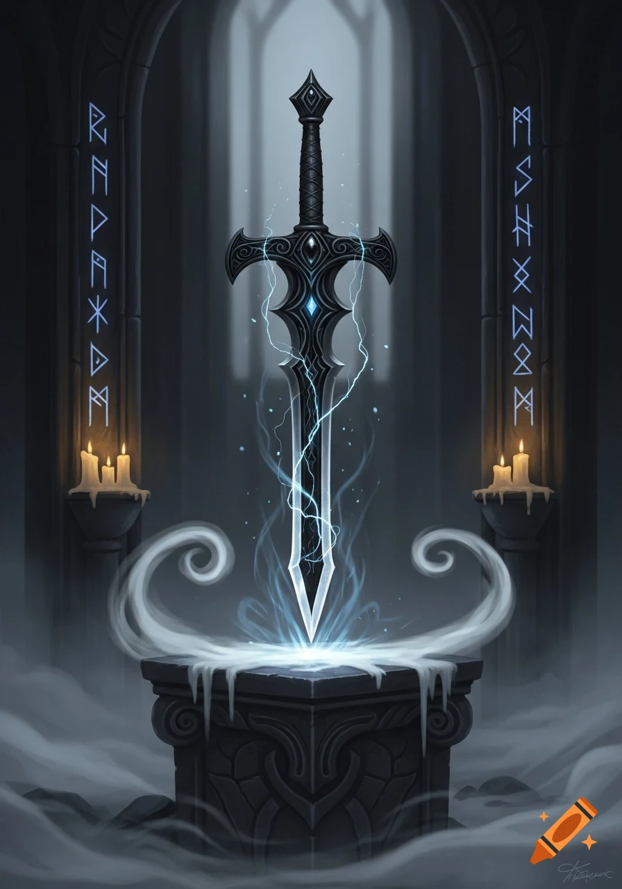 A black magical sword with blue lightning stands on a stone pedestal in a dark archway, surrounded by smoke and glowing runes.