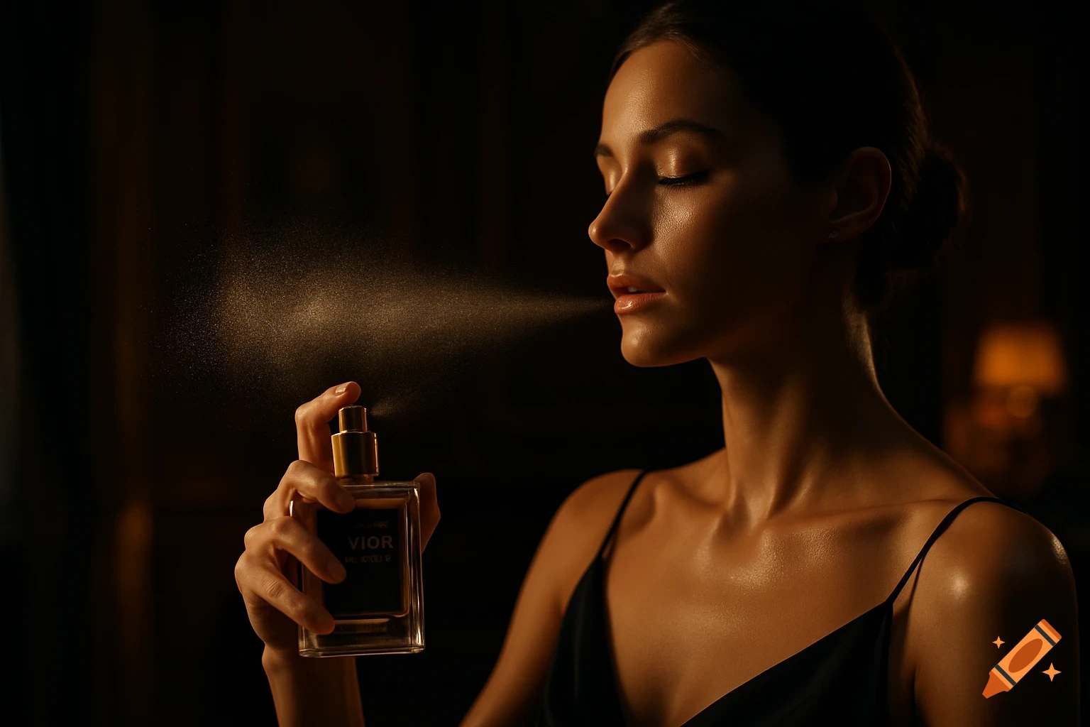 Elegant woman with glowing skin sprays perfume in a dimly lit luxury room, mist illuminated against dark background in a cinematic close-up.