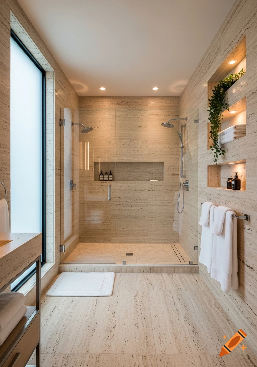 Modern bathroom with beige travertine stone walls and floor, featuring a walk-in shower with dual shower heads, and a large frosted window.