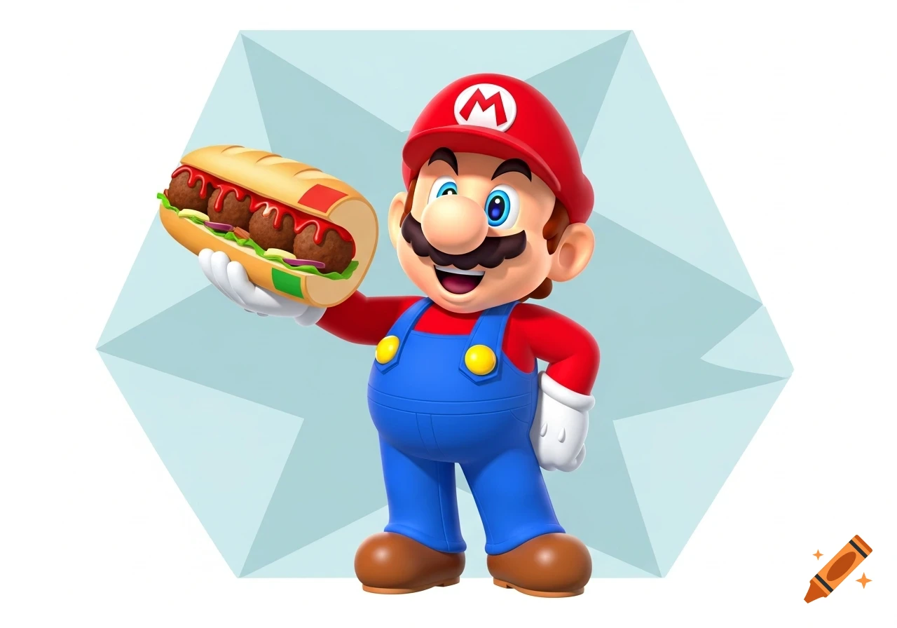 3D render of Super Mario in his iconic overalls and red hat, smiling and holding up a large meatball sub.