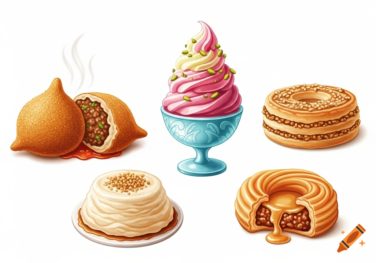 An illustration featuring five distinct food items: a savory fried pastry, pink and white soft-serve ice cream, and three types of sweet pastries.