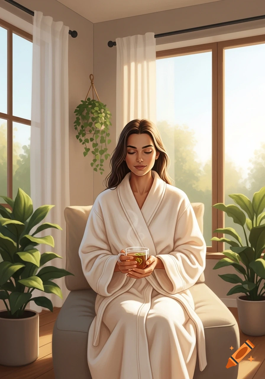A woman in a white bathrobe sits peacefully in a sunlit room, holding a cup of tea, surrounded by plants.