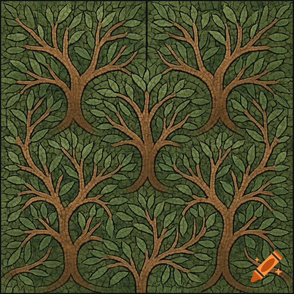 A symmetrical, repeating pattern of stylized trees with brown trunks and green leaves in a mosaic art style.