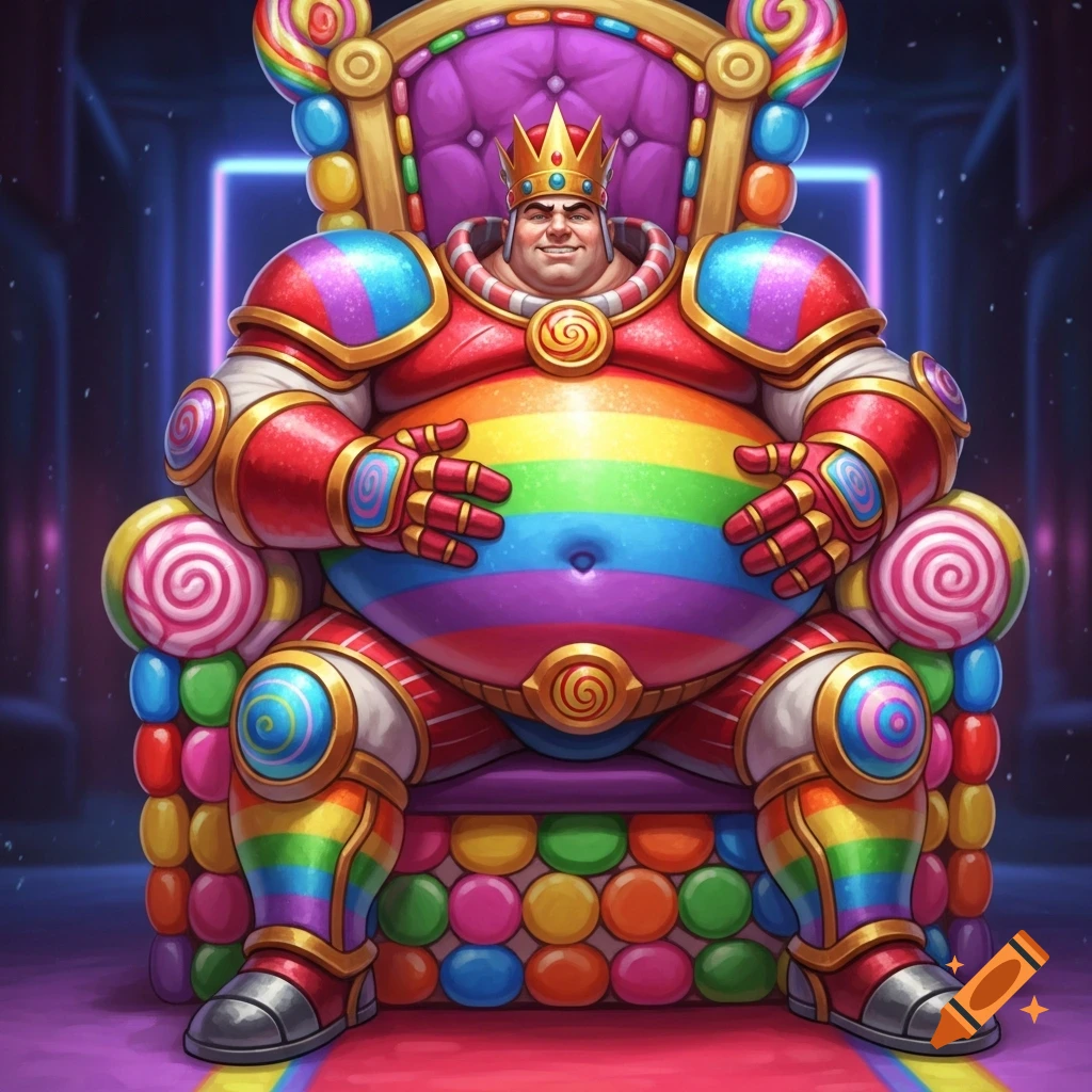 A large, smiling candy king in rainbow armor and a gold crown sits on a small, colorful hard candy throne in a neon-lit room.