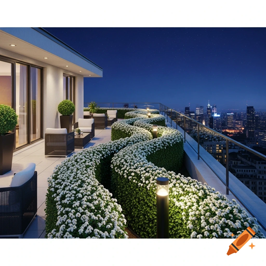 Photorealistic luxury rooftop terrace at night with a winding floral hedge, modern seating, and a city skyline view.
