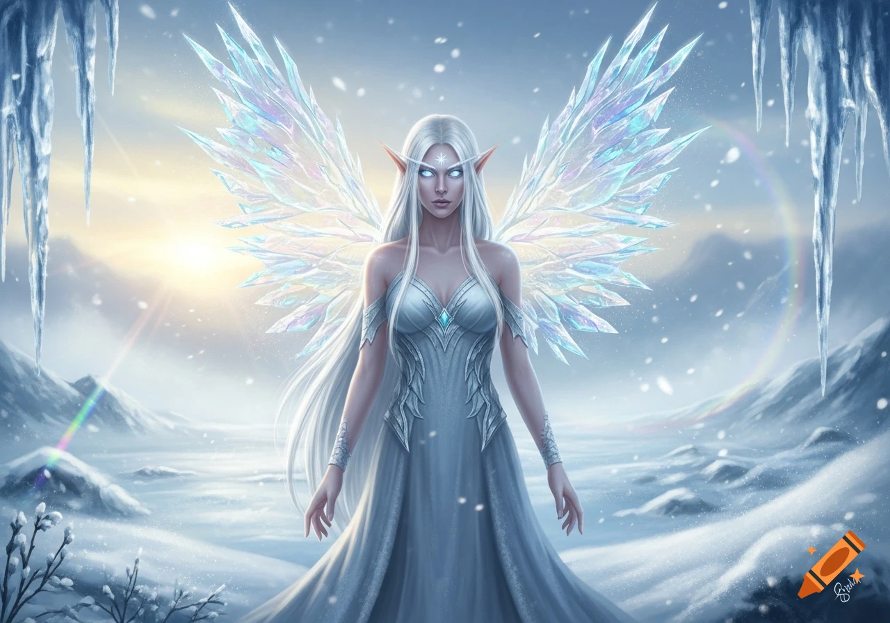 A female elf with long white hair and glowing blue eyes, wearing a white dress and large ice wings, stands in a snowy mountain landscape with icicles.