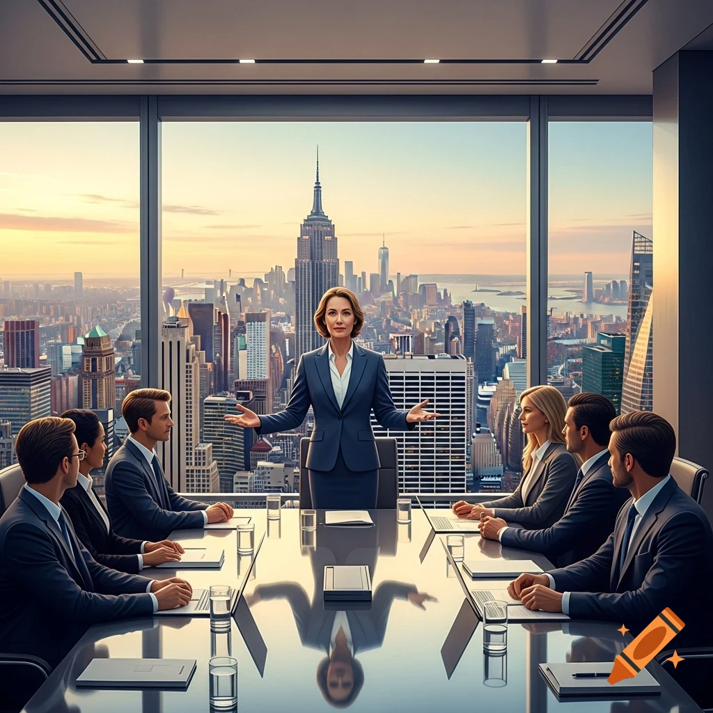 A woman CEO leads a board meeting in a high-rise office overlooking a New York City sunset skyline.