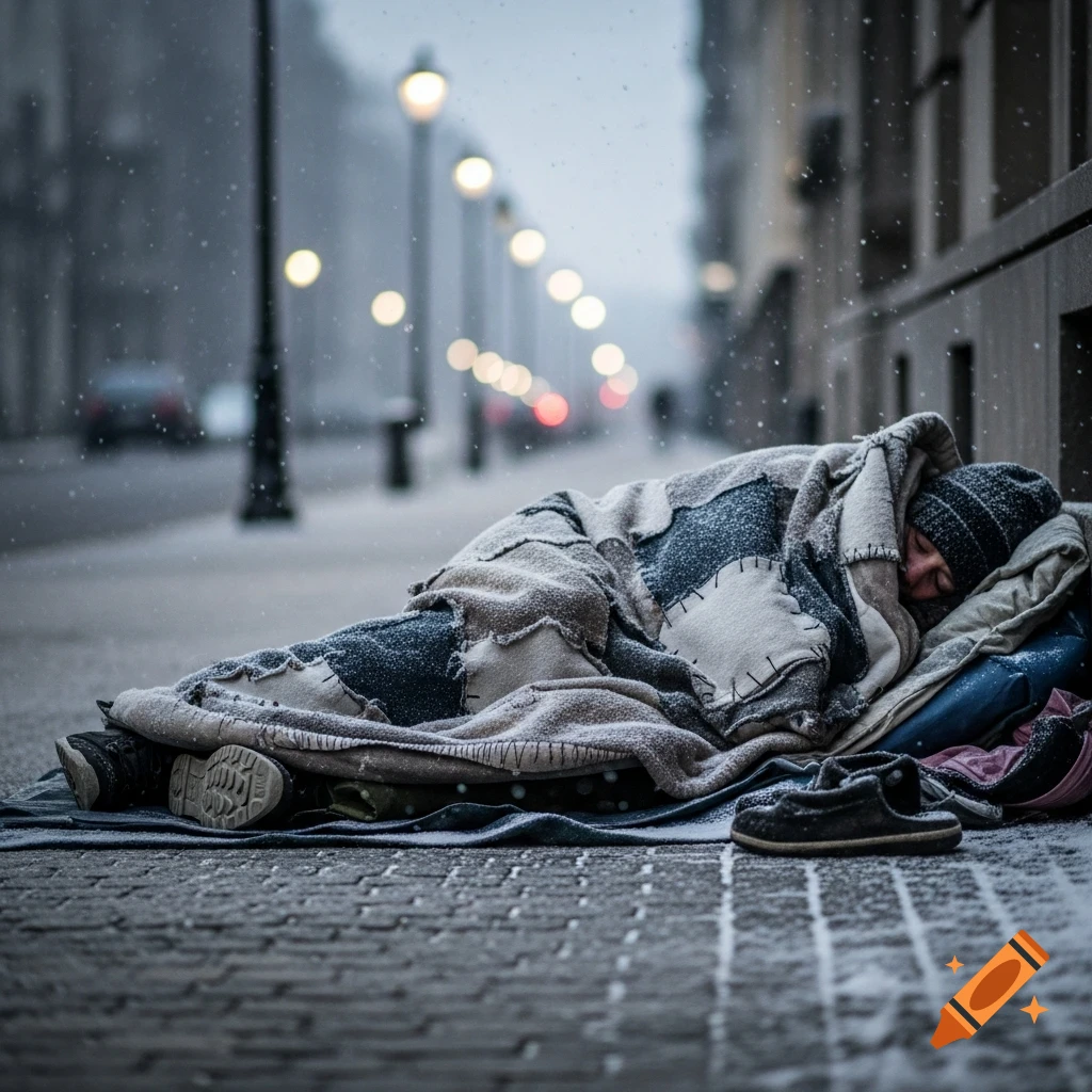 Person wrapped in patchwork blankets sleeps on a snowy city sidewalk, with blurred streetlights in the background at night, photorealistic.