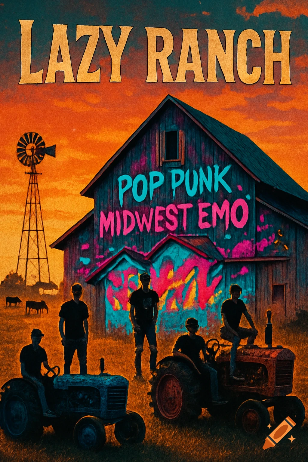 Stylized band design: 'LAZY RANCH' text over a barn with 'POP PUNK MIDWEST EMO' graffiti, silhouetted figures on tractors and a windmill at sunset.