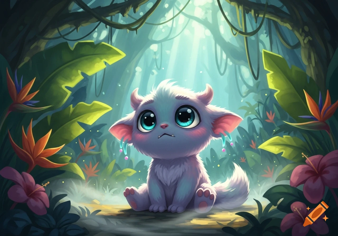 A fluffy, light blue baby monster with large blue eyes, small horns, and pink ears sits in a vibrant, sunlit jungle with tropical plants and glowing particles.