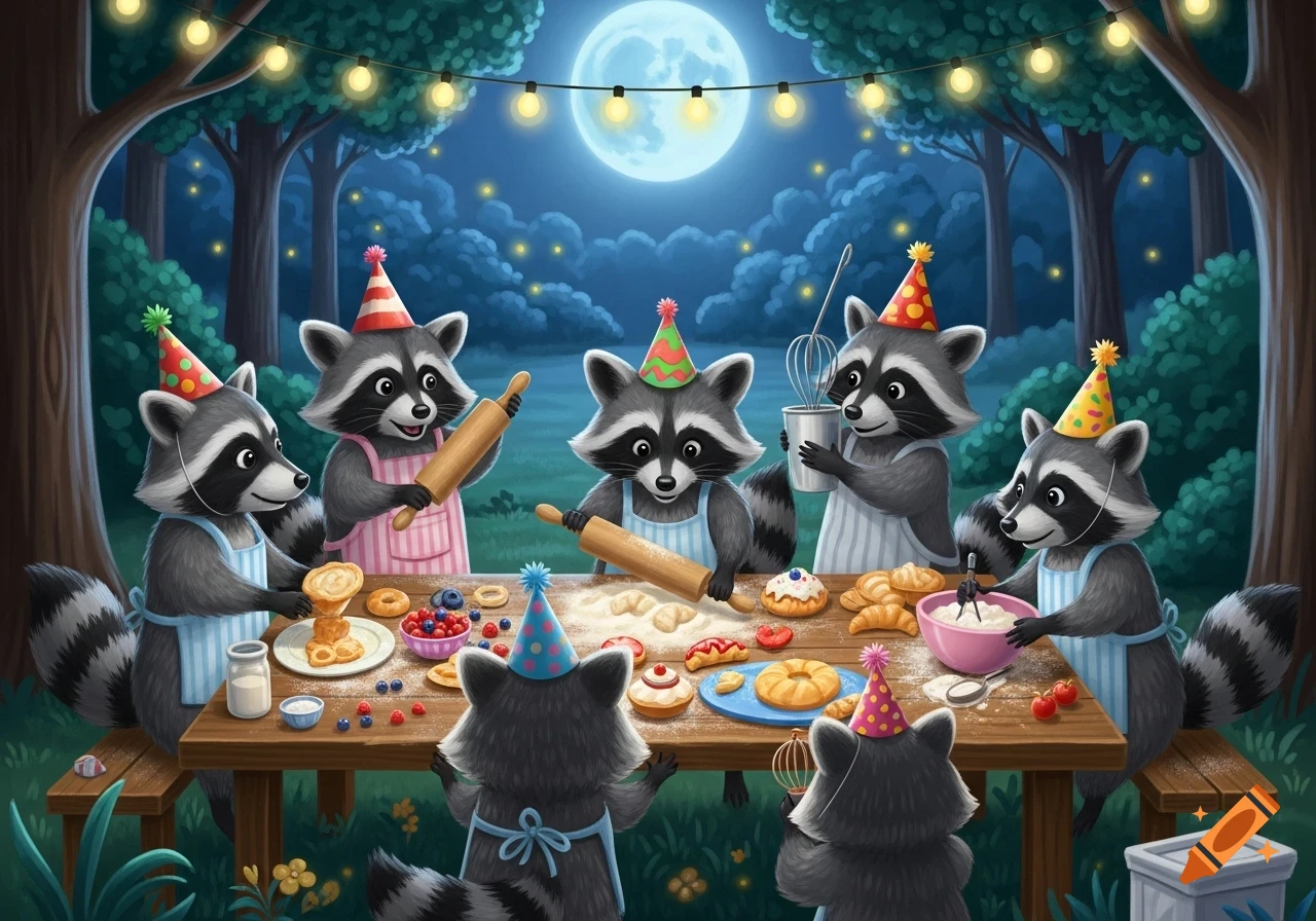 Cartoon raccoons in party hats and aprons baking at a wooden table in a moonlit forest.