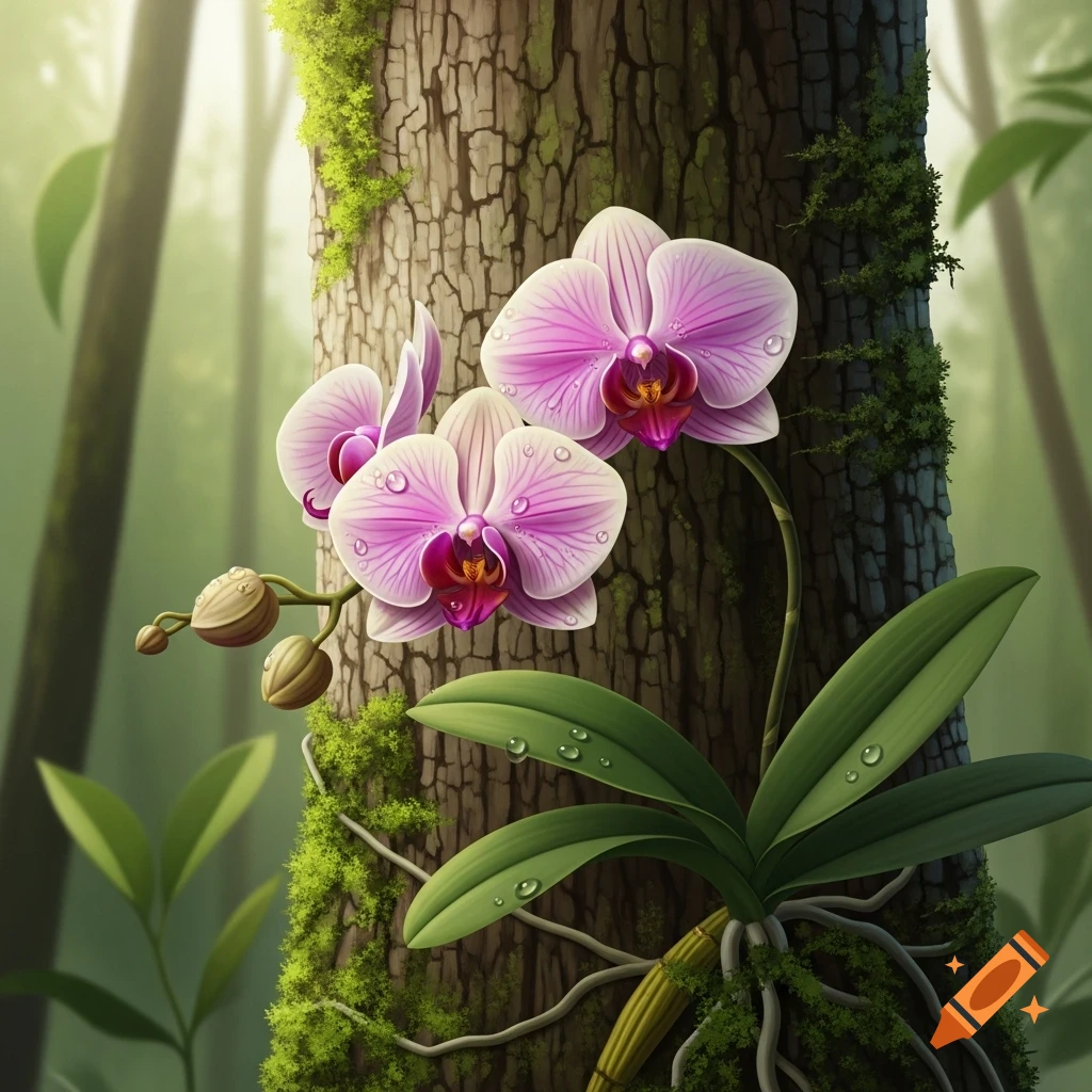 Pink and white orchids with dew drops on a mossy tree trunk in a lush, green forest, in a detailed, illustrative style.