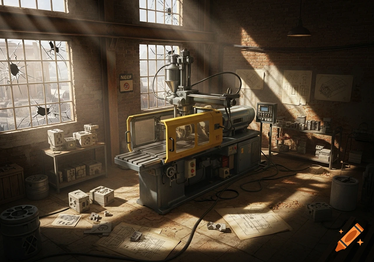 An old industrial factory interior with sunlight streaming through broken windows onto a yellow and gray plastic injection molding machine.