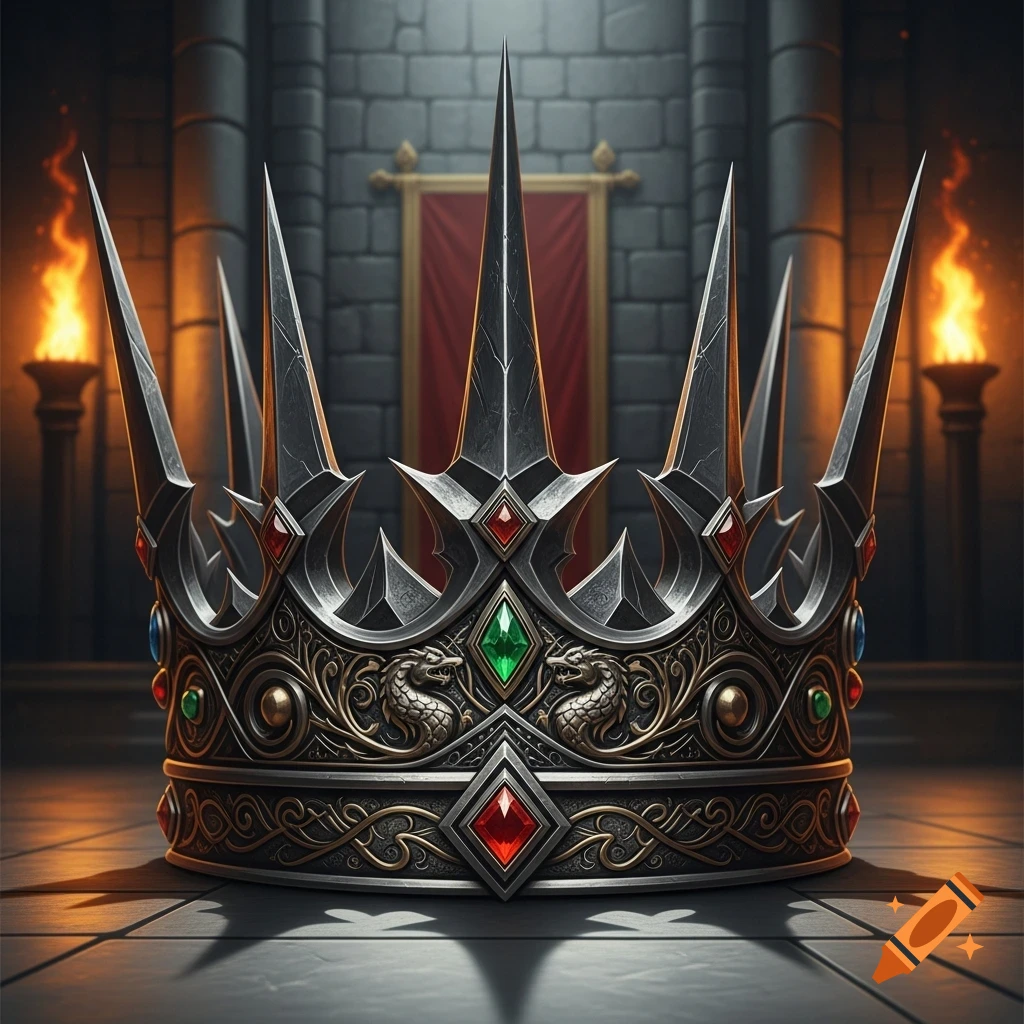 A dark, spiky medieval crown adorned with colorful gems and gold patterns, set in a stone castle hall with torches.