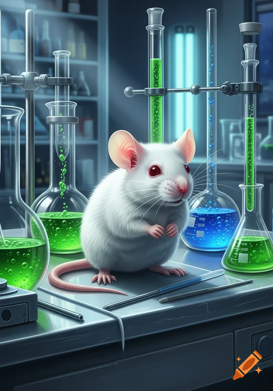 A cute white mouse stands on a lab bench surrounded by beakers filled ...