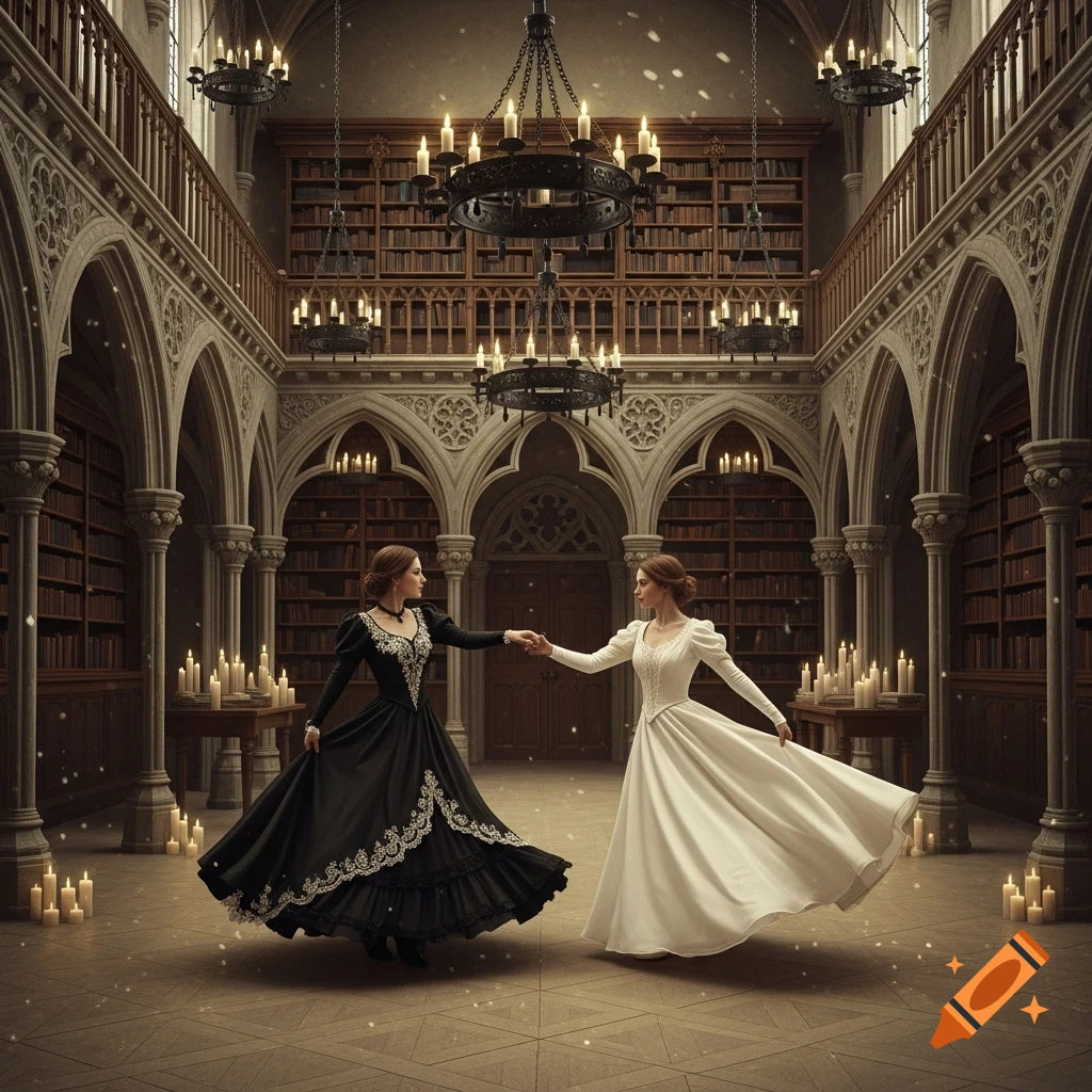 Two women in elaborate black and white gowns dance in a grand, candlelit Gothic library.