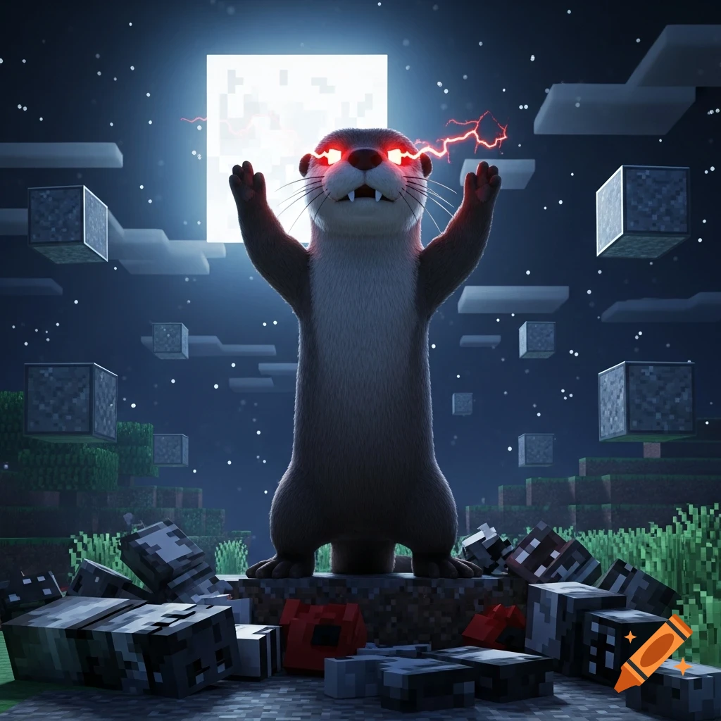 A Minecraft-style otter with glowing red eyes and lightning stands triumphantly on defeated blocky monsters under a square moon at night.