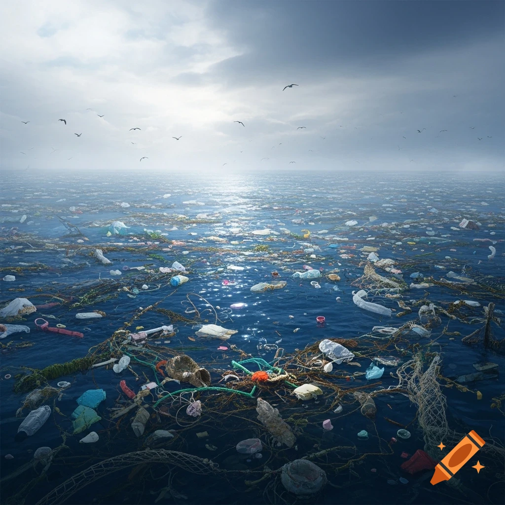 Vast photorealistic ocean filled with plastic debris and garbage under a dramatic cloudy sky, with birds flying.