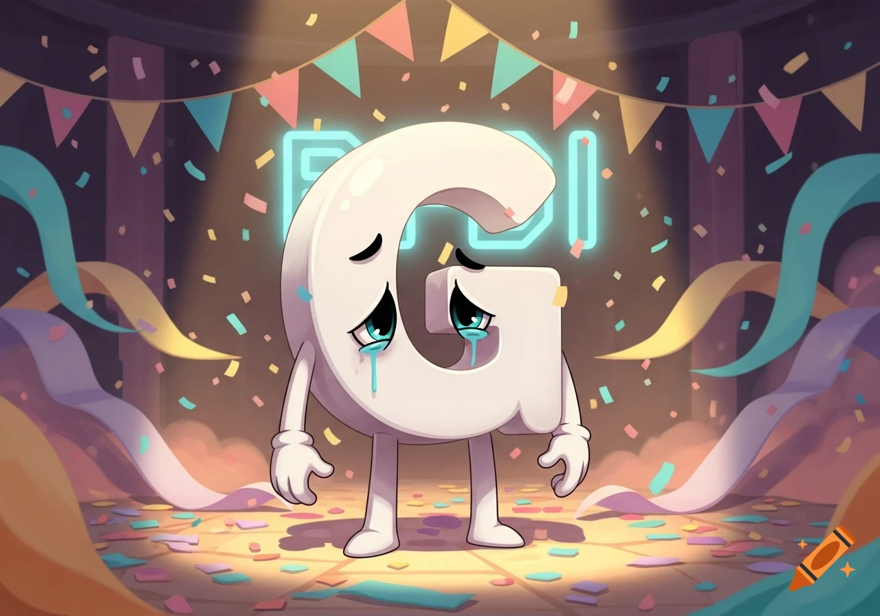 A sad cartoon letter G with arms and legs cries on a floor covered in party confetti and streamers, under dim neon lights.